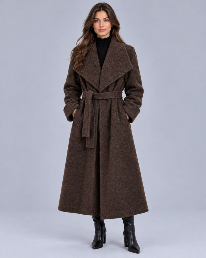 Women's Long Wool Blend Wrap Coat | Oversized Shawl Collar & Belted Waist