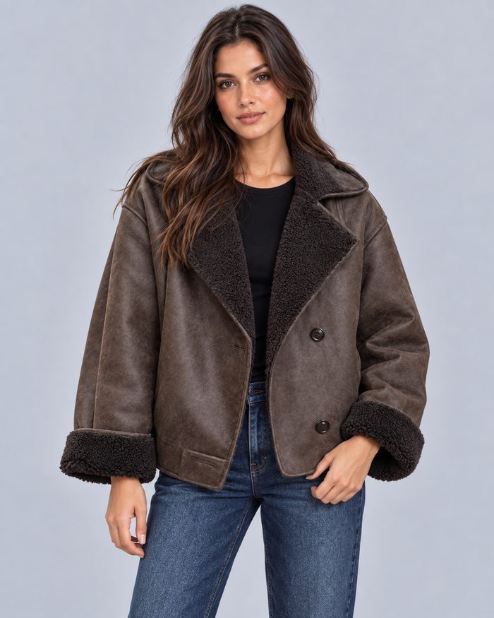Women's Oversized Faux Shearling Jacket | Vintage Leather-Look Coat