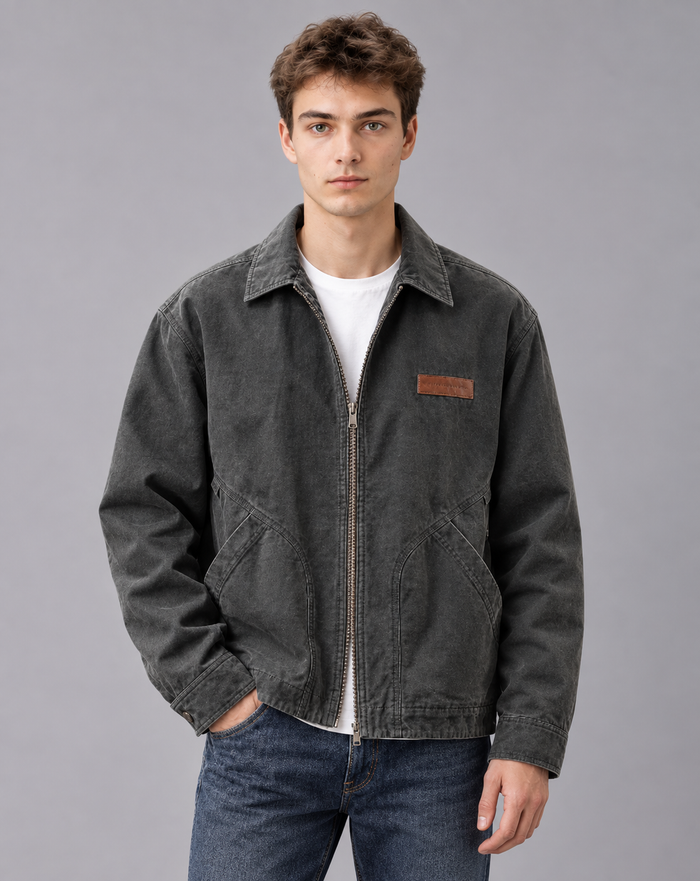 Men's Cotton Blend Workwear Jacket | Full-Zip with Point Collar