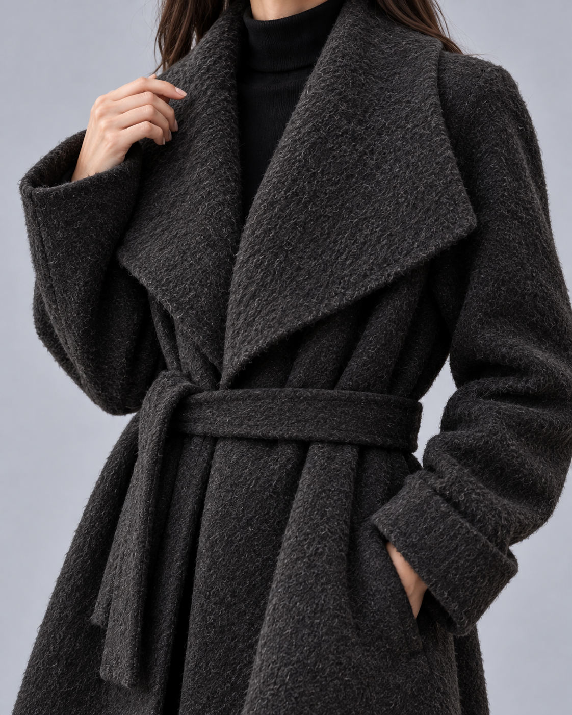 Women's Long Wool Blend Wrap Coat | Oversized Shawl Collar & Belted Waist