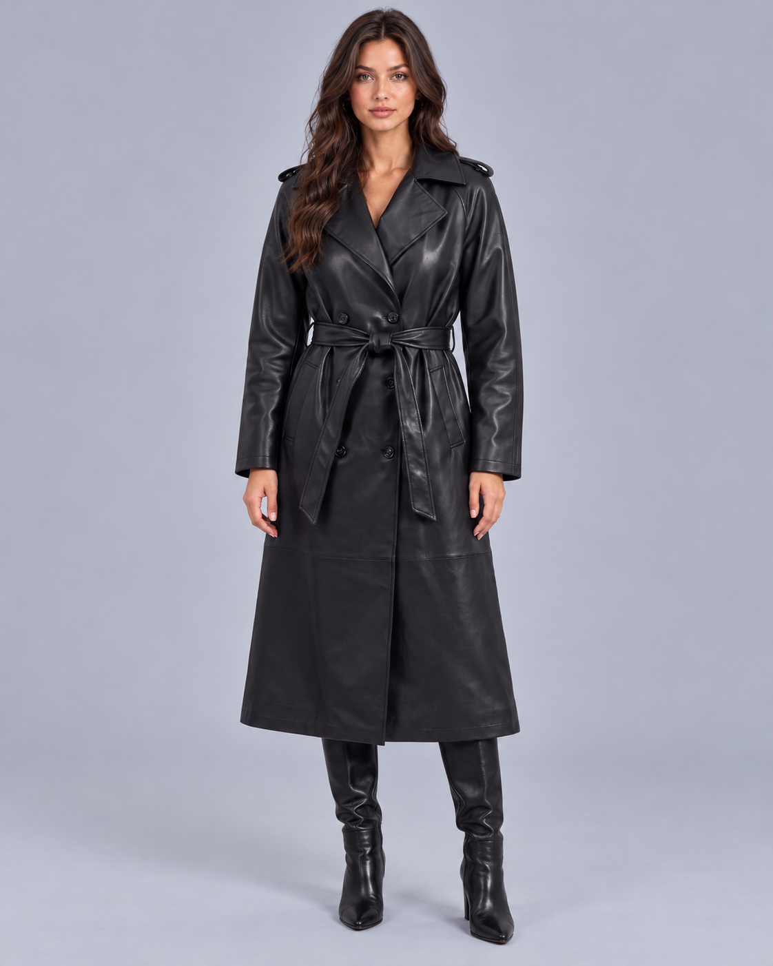 Women's Belted Faux Leather Midi Trench Coat | Long Overcoat