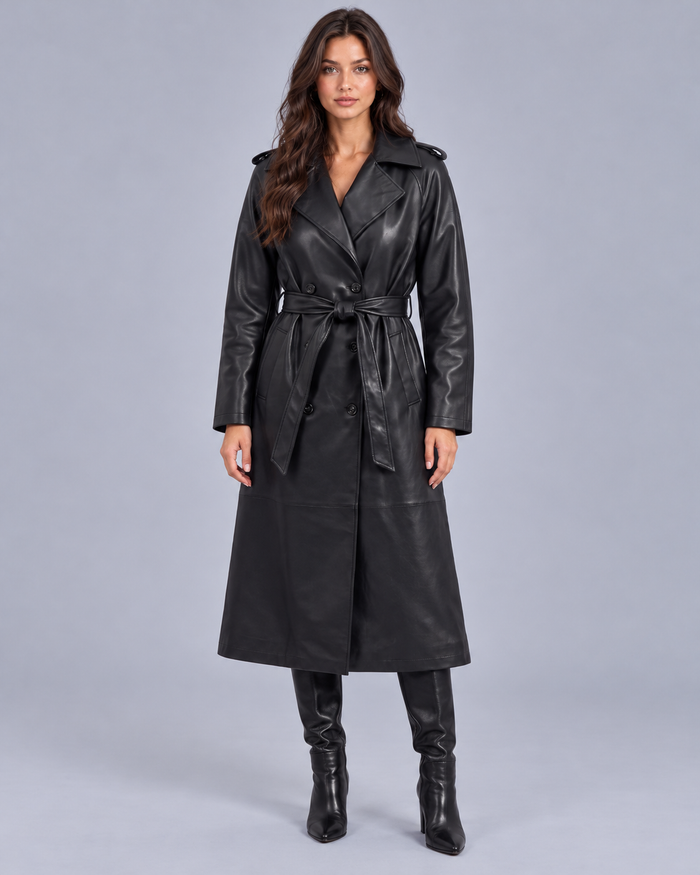 Women's Belted Faux Leather Midi Trench Coat | Long Overcoat