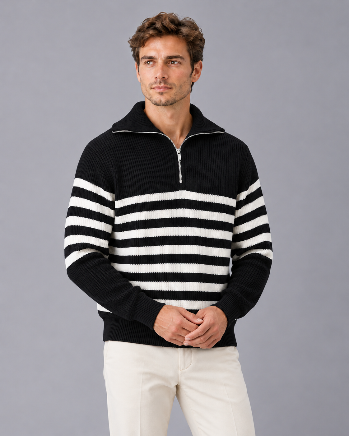 Men's Striped Quarter Zip Jumper with Ribbed Knit and High Collar
