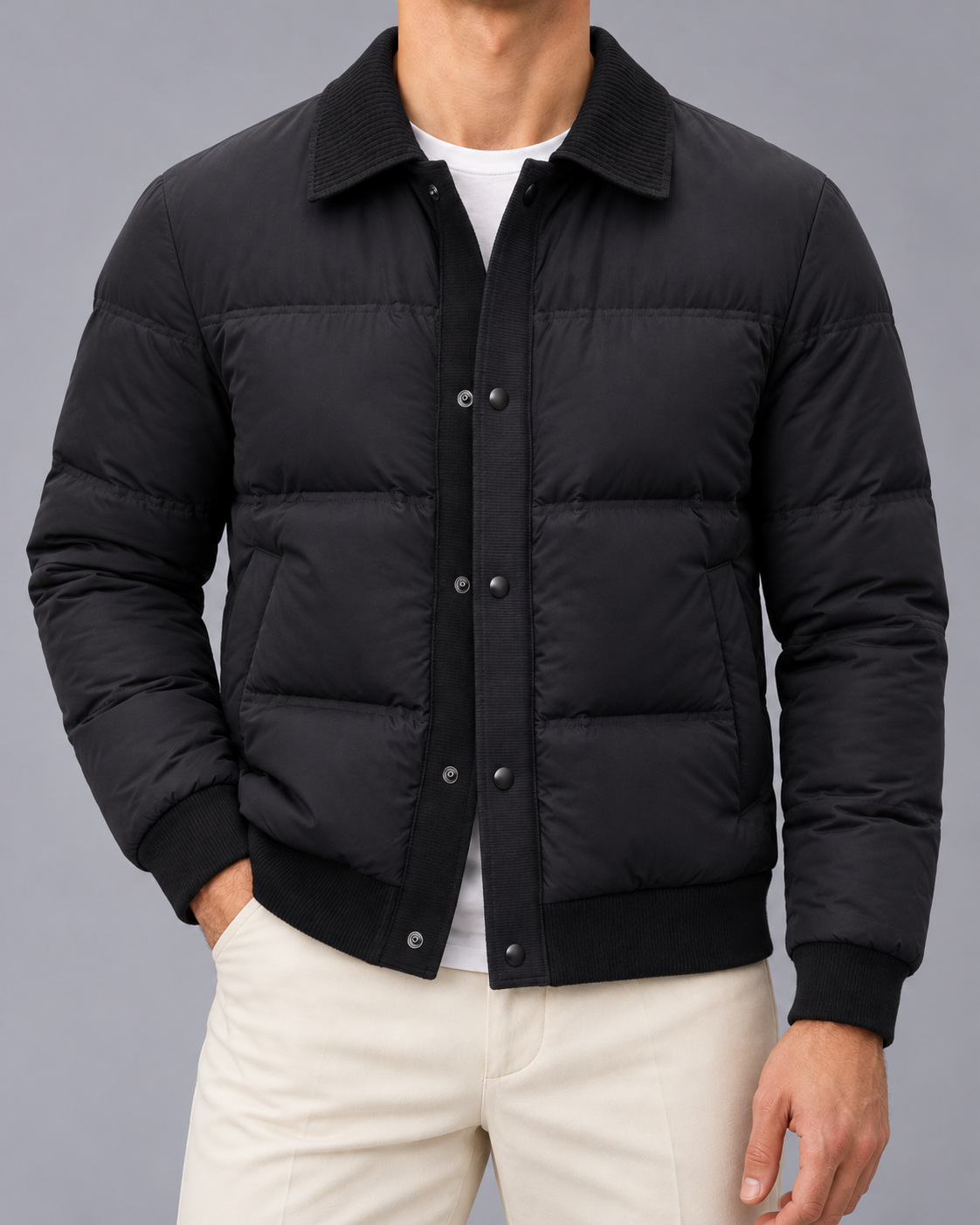 Men's Quilted Puffer Jacket with Corduroy Collar