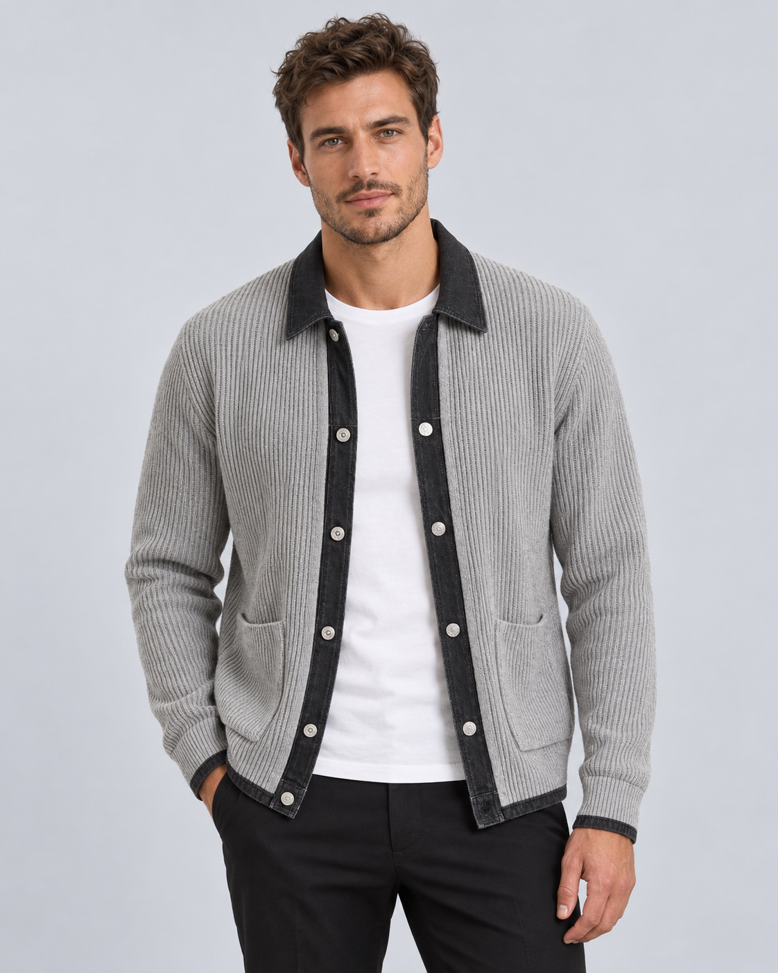 Men's Wool Knit Cardigan | Denim-Style Contrast Trim Jacket