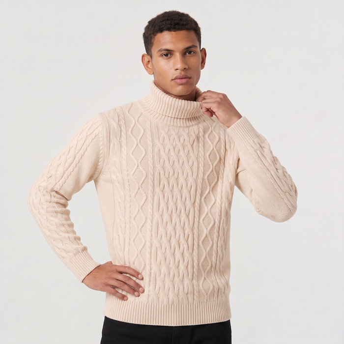 Men's Wool Cable Knit Roll Neck Jumper