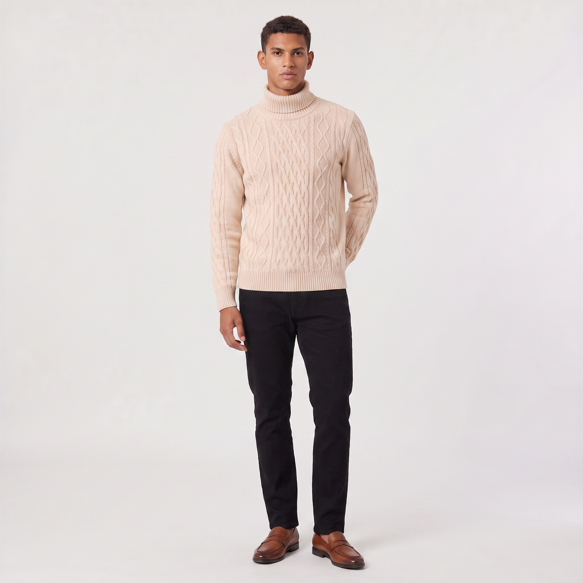 Men's Wool Cable Knit Roll Neck Jumper