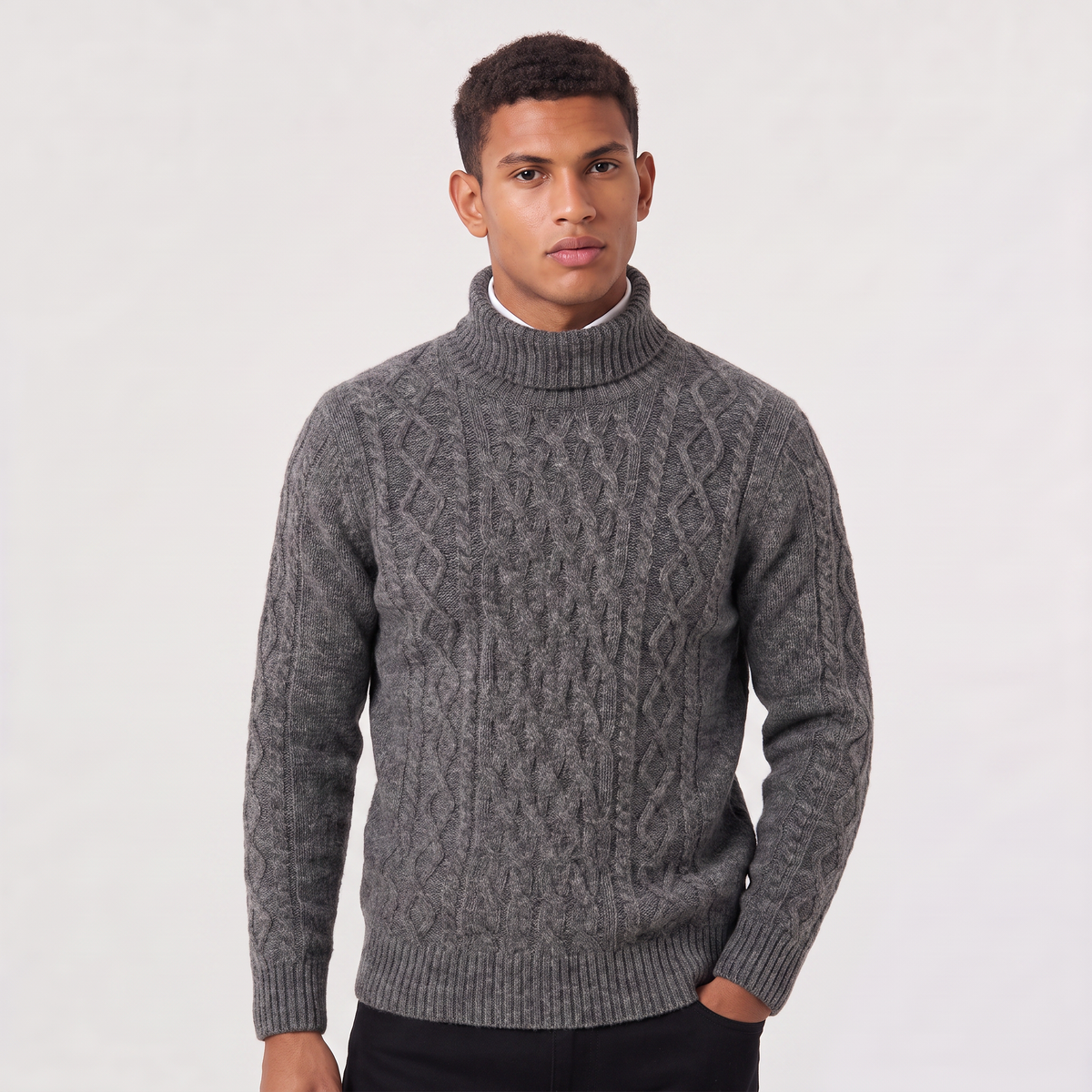 Men's Wool Cable Knit Roll Neck Jumper