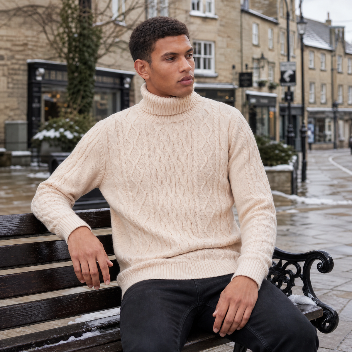 Men's Wool Cable Knit Roll Neck Jumper