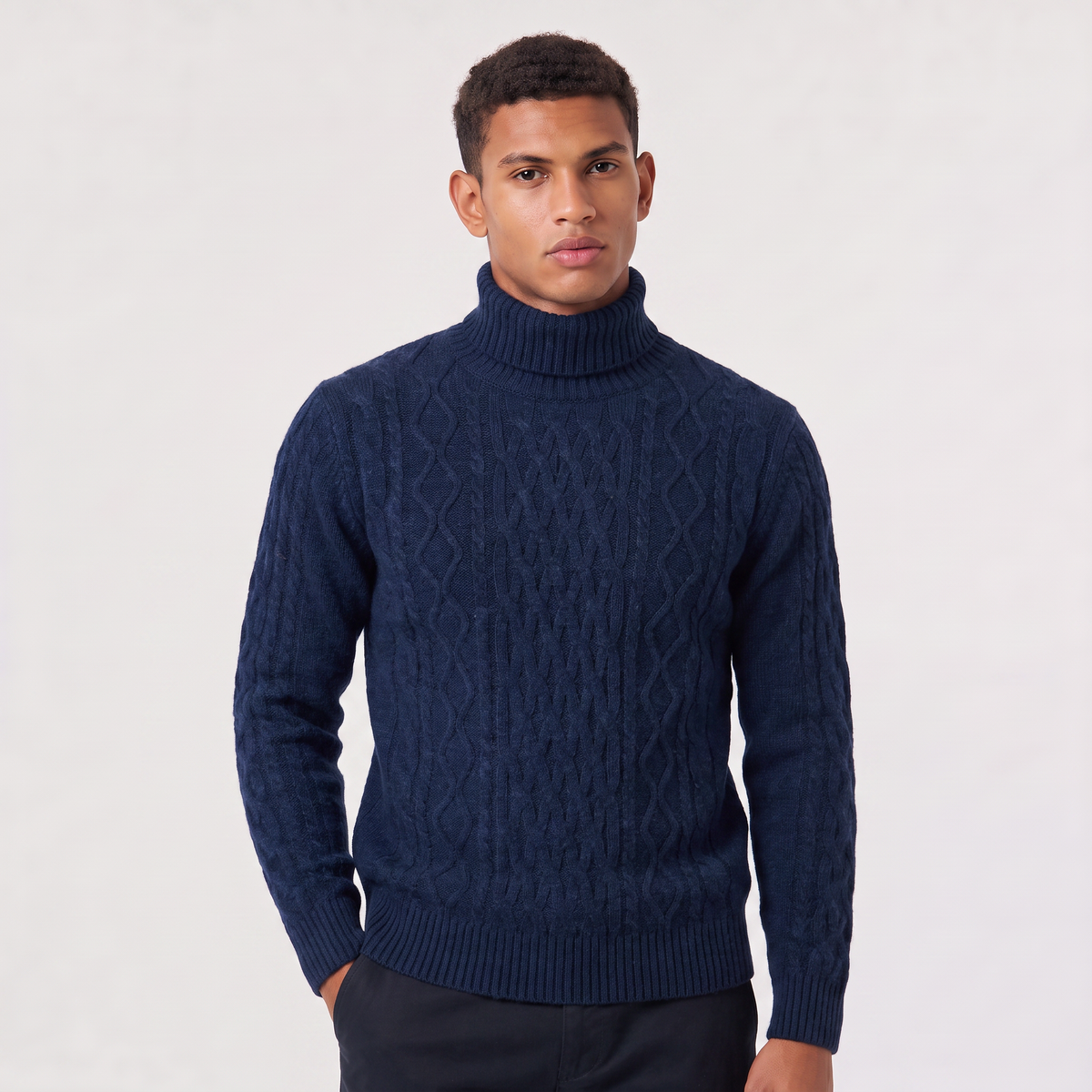 Men's Wool Cable Knit Roll Neck Jumper