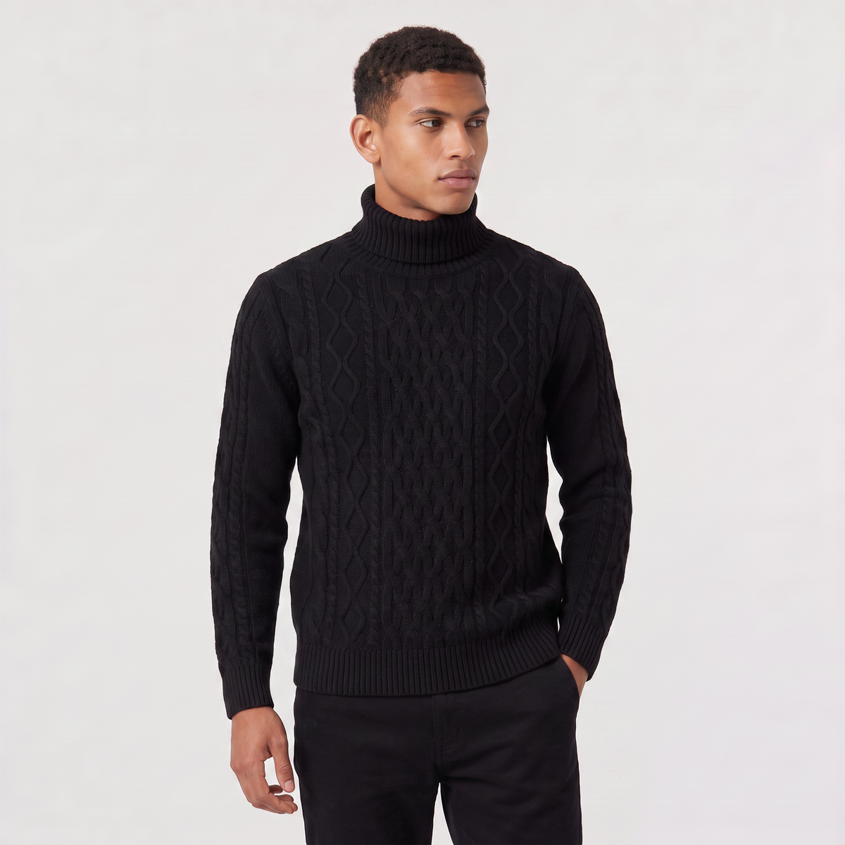 Men's Wool Cable Knit Roll Neck Jumper
