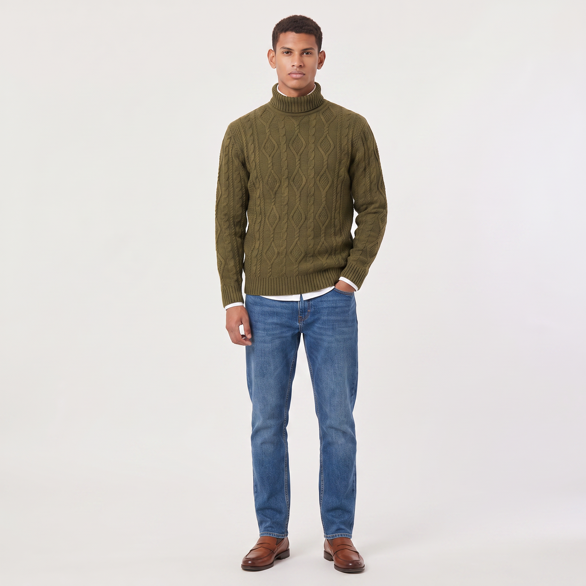 Men's Cable Knit Roll Neck Jumper