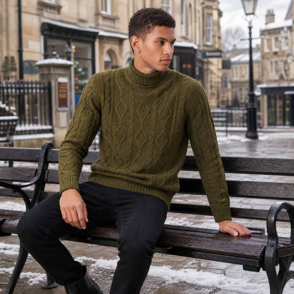 Men's Cable Knit Roll Neck Jumper