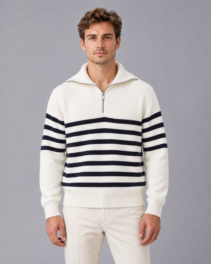 Men's Striped Quarter Zip Jumper with Ribbed Knit and High Collar