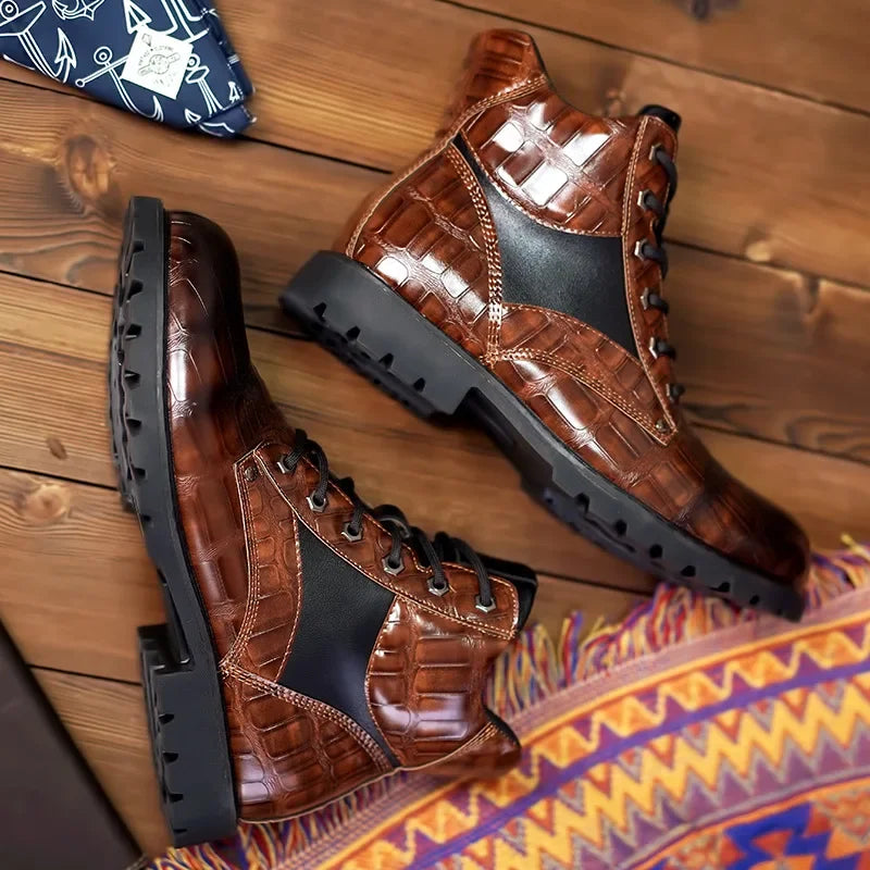 Men's Combat Alligator Embossed Ankle Boots