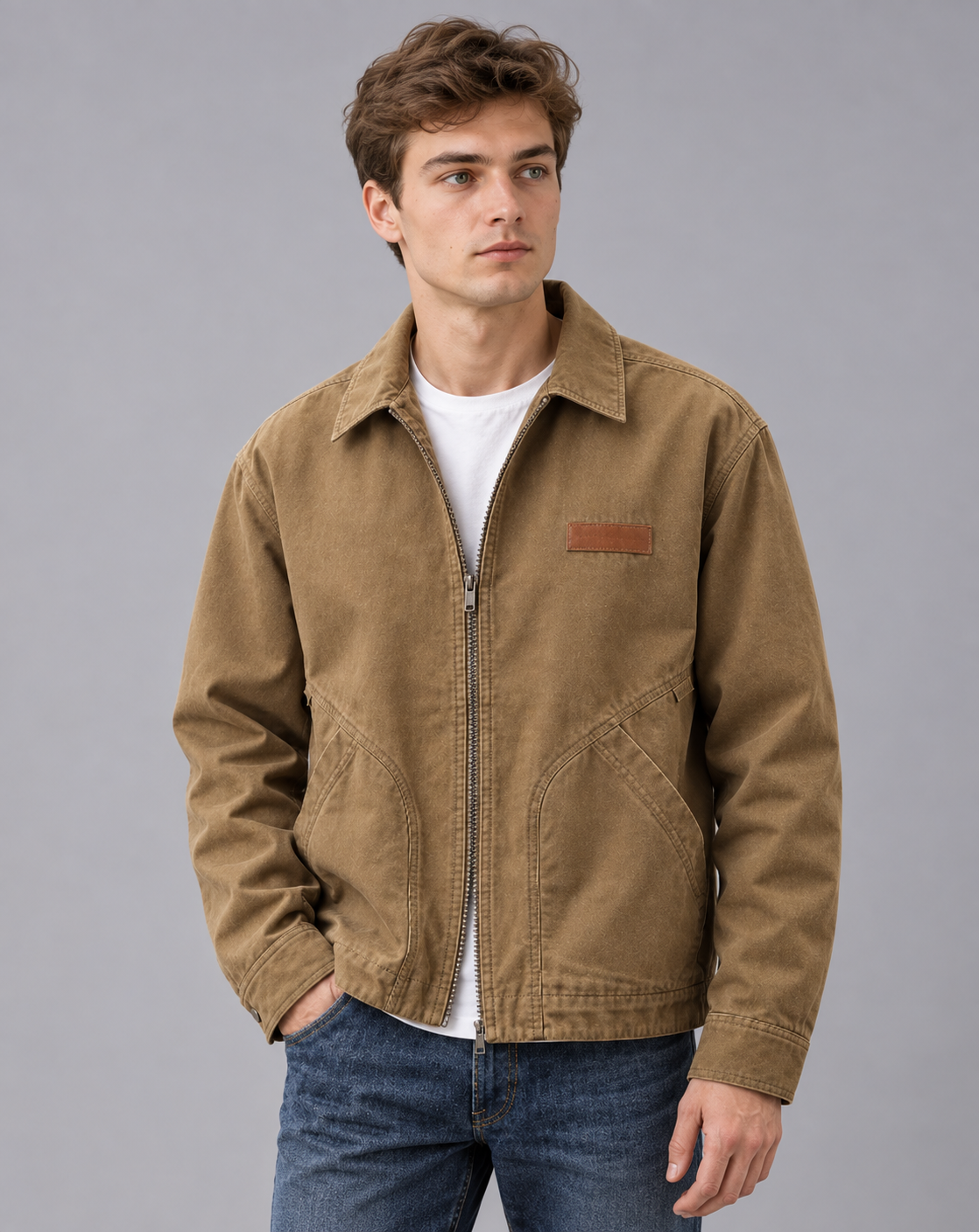 Men's Cotton Blend Workwear Jacket | Full-Zip with Point Collar