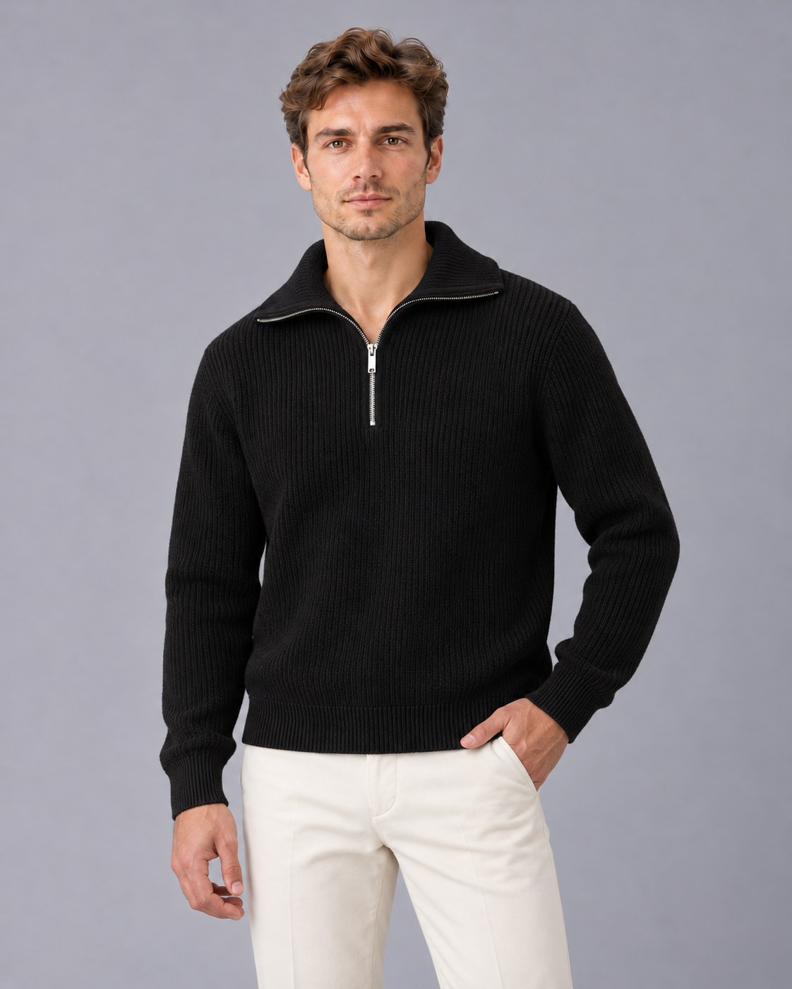 Men's Striped Quarter Zip Jumper with Ribbed Knit and High Collar