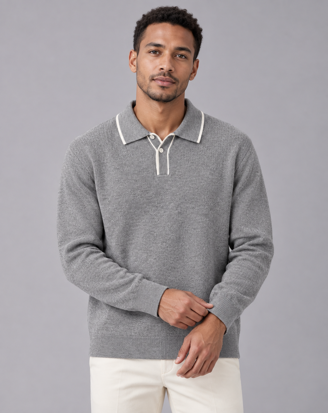 Men's Linen blend Long Sleeve Polo | Knitted Polo Jumper with Contrast-Tipped Collar