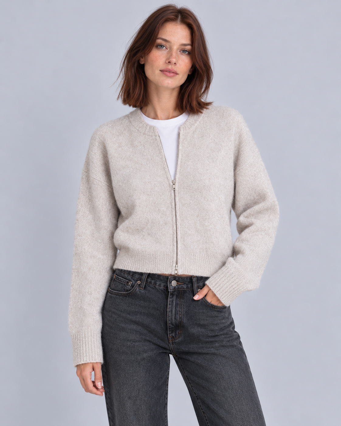Women's Full-Zip Knitted Cardigan | Ribbed Cuff Sweater