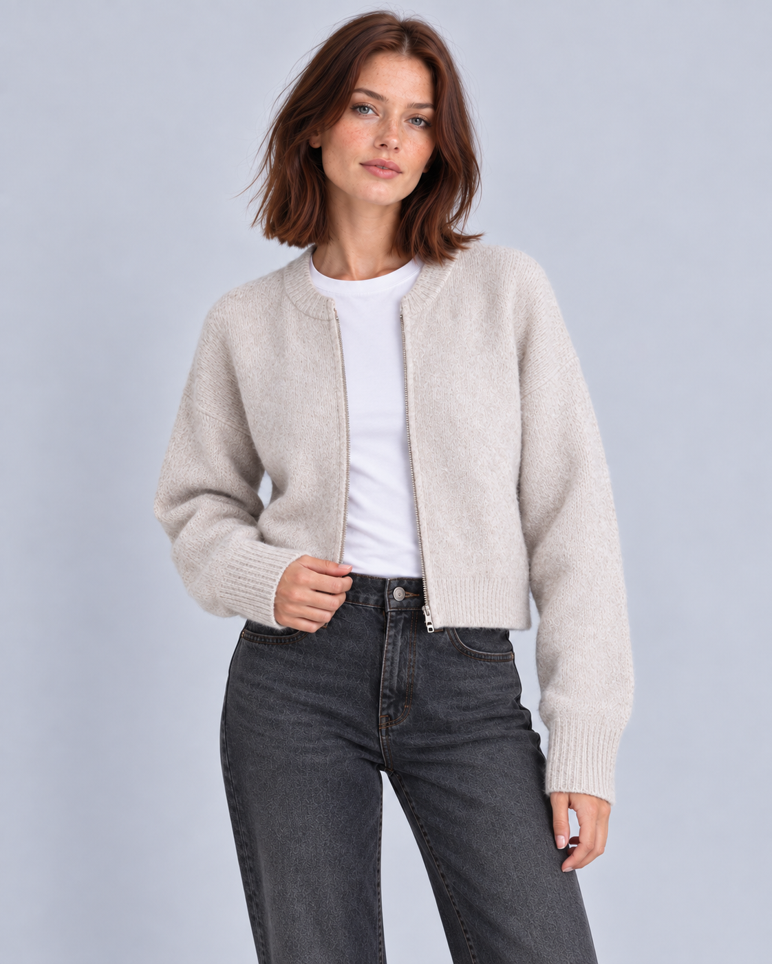 Women's Full-Zip Knitted Cardigan | Ribbed Cuff Sweater