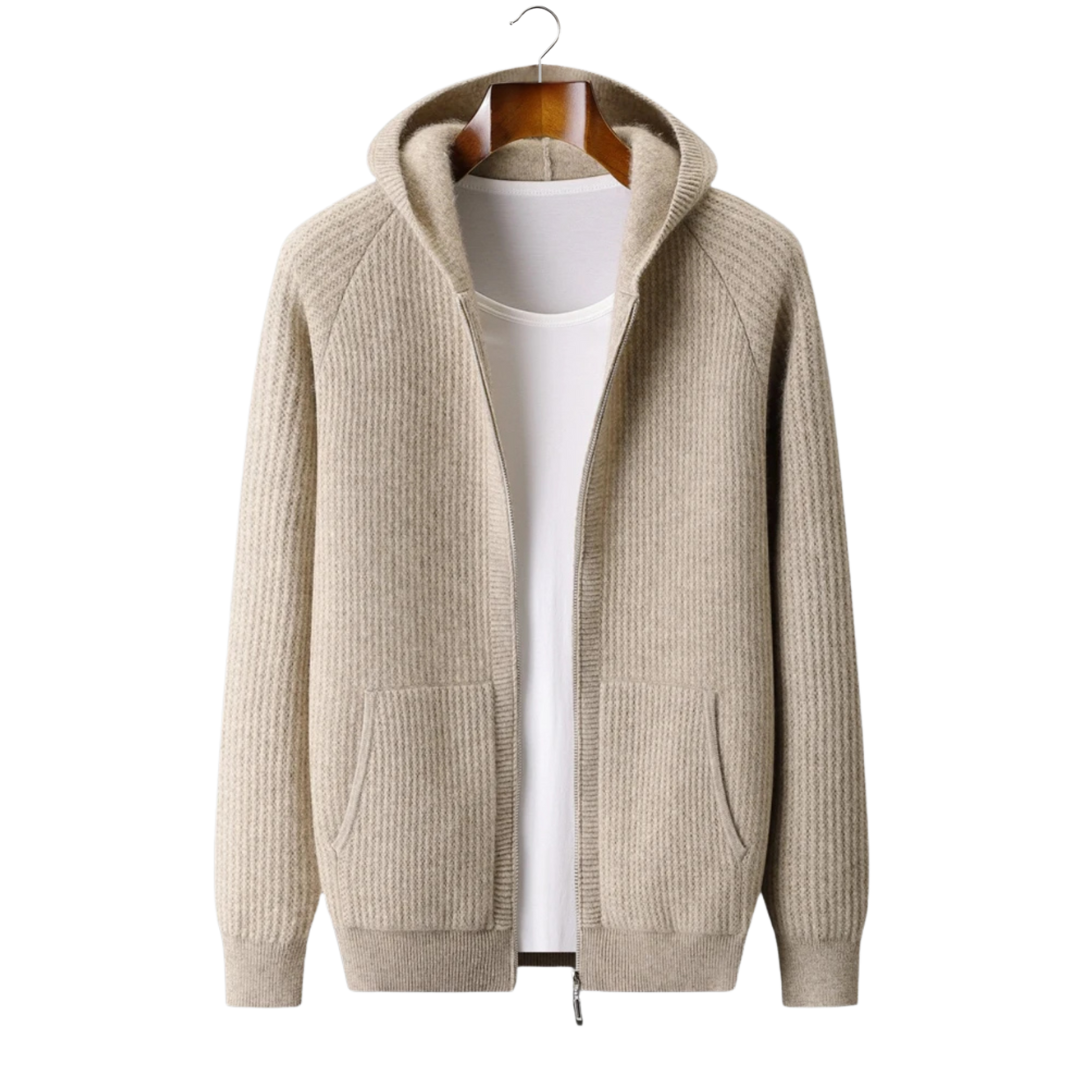 100% Cashmere Rib Knit Zip Hoodie