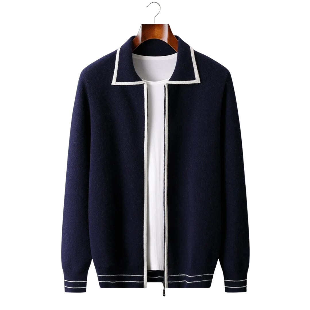Two-Tone Wool Knit Polo Cardigan
