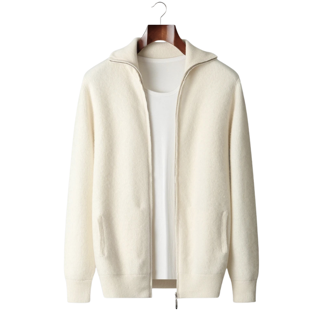 100% Cashmere Rib Knit Zip Cardigan