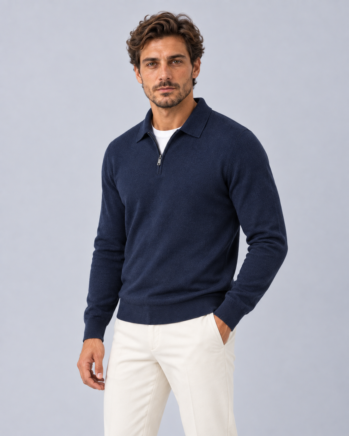 Men's Quarter-Zip Polo Jumper | Fine Knit Smart-Casual Sweater
