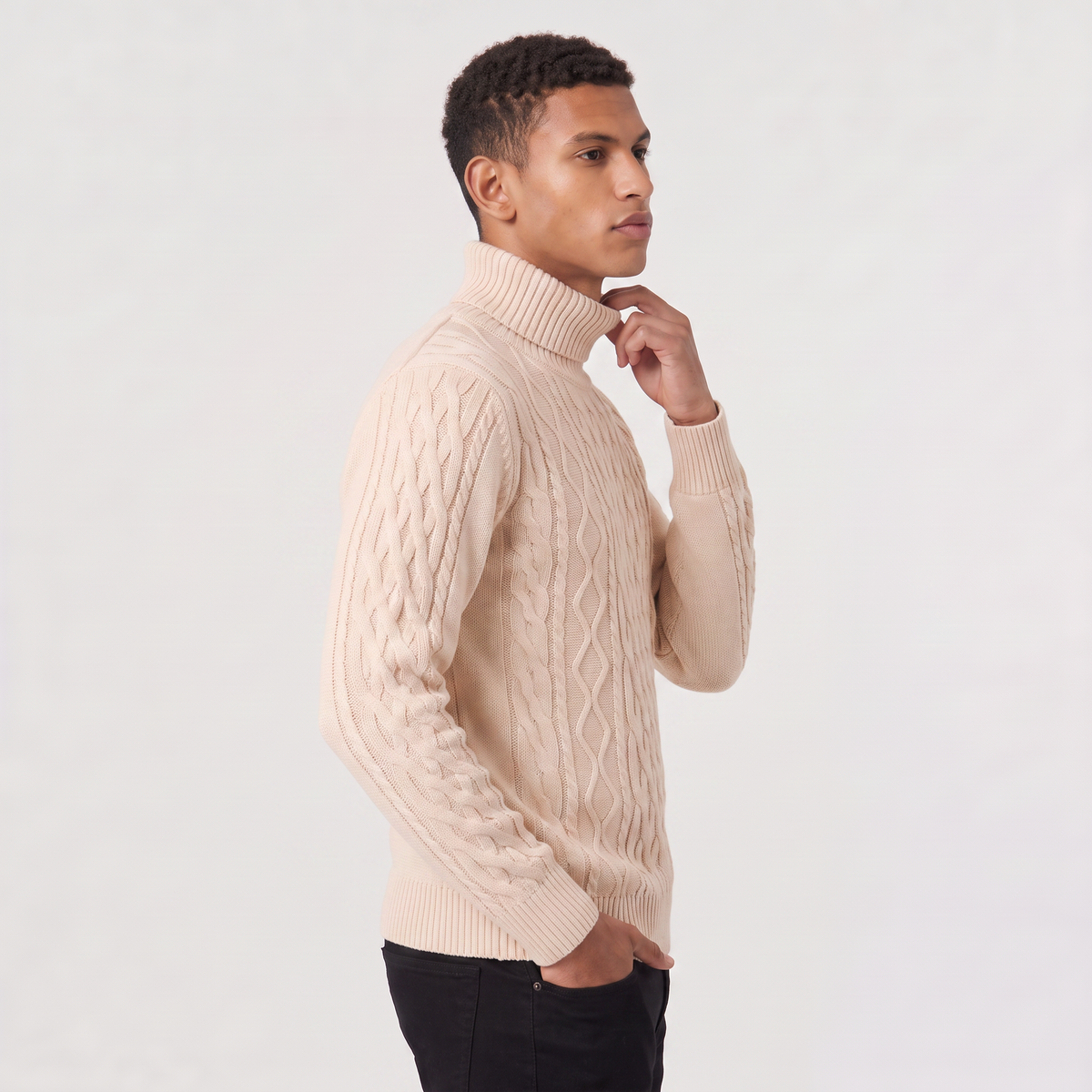 Men's Wool Cable Knit Roll Neck Jumper