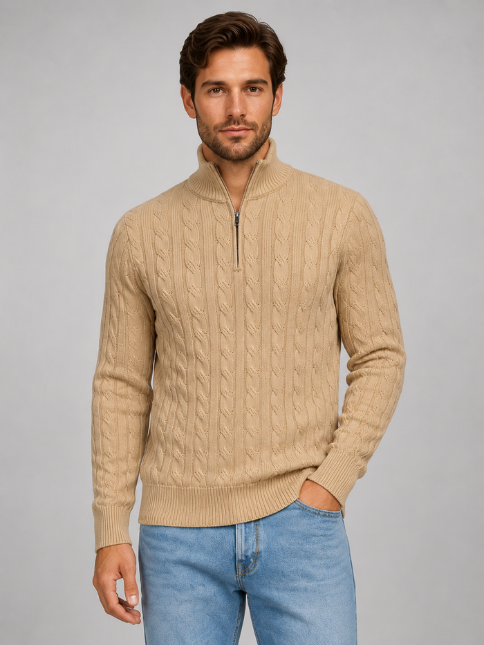 Men's Cable Knit Jumper with Quarter-Zip Collar