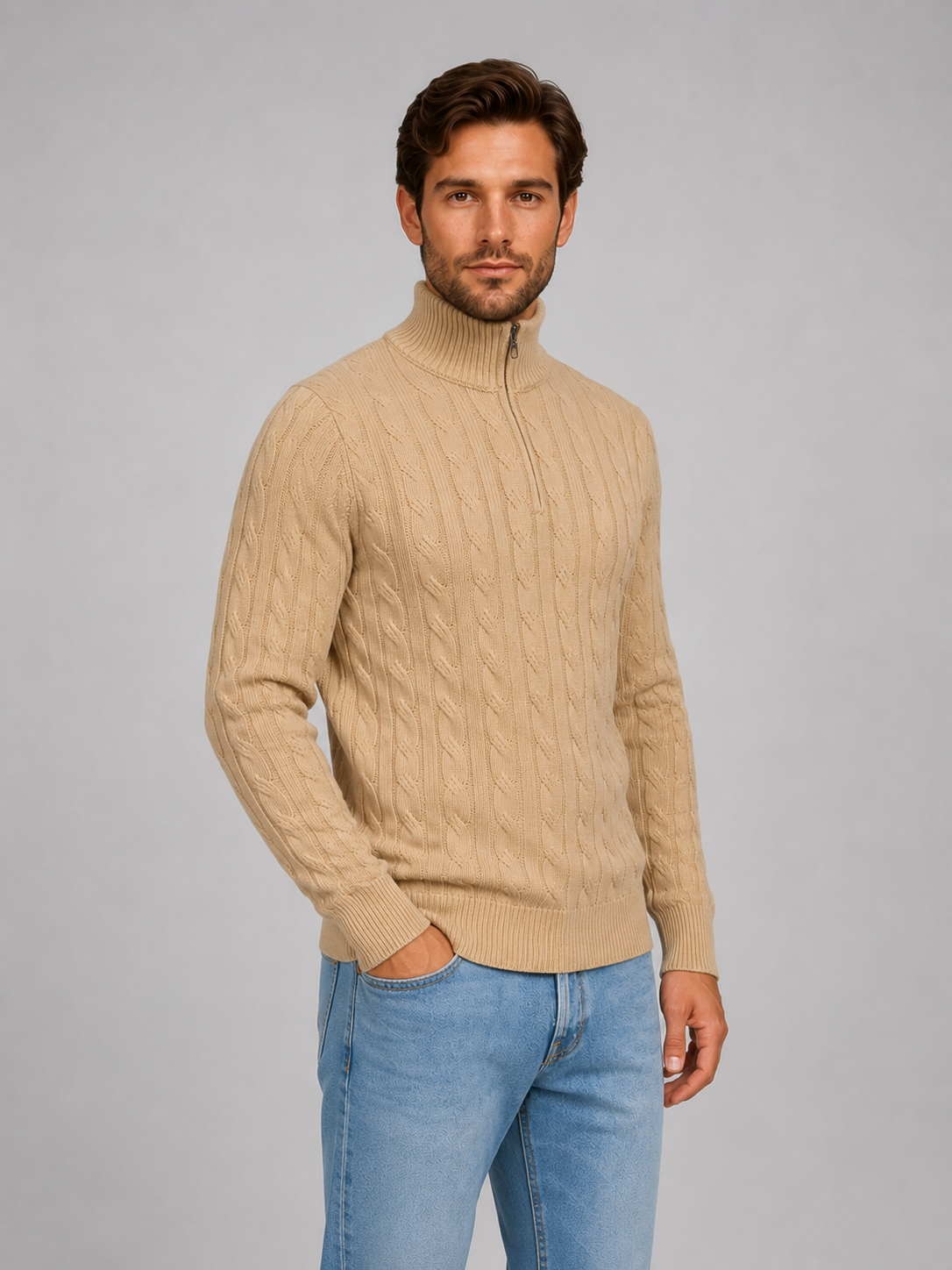 Men's Cable Knit Jumper with Quarter-Zip Collar