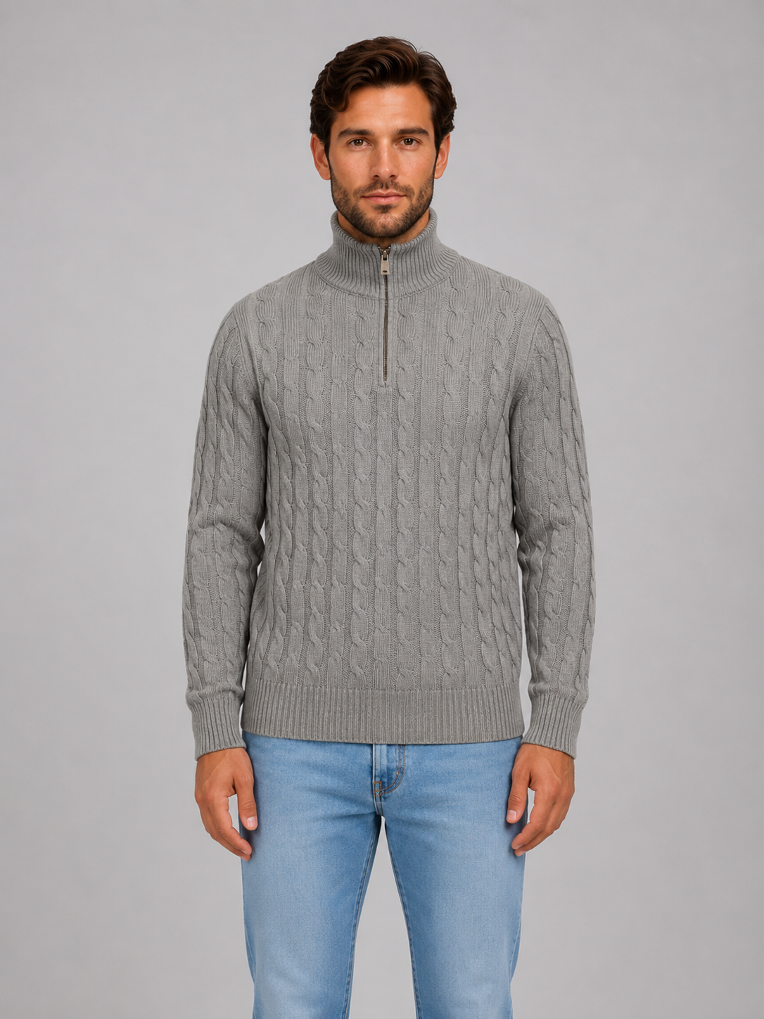 Men's Cable Knit Jumper with Quarter-Zip Collar