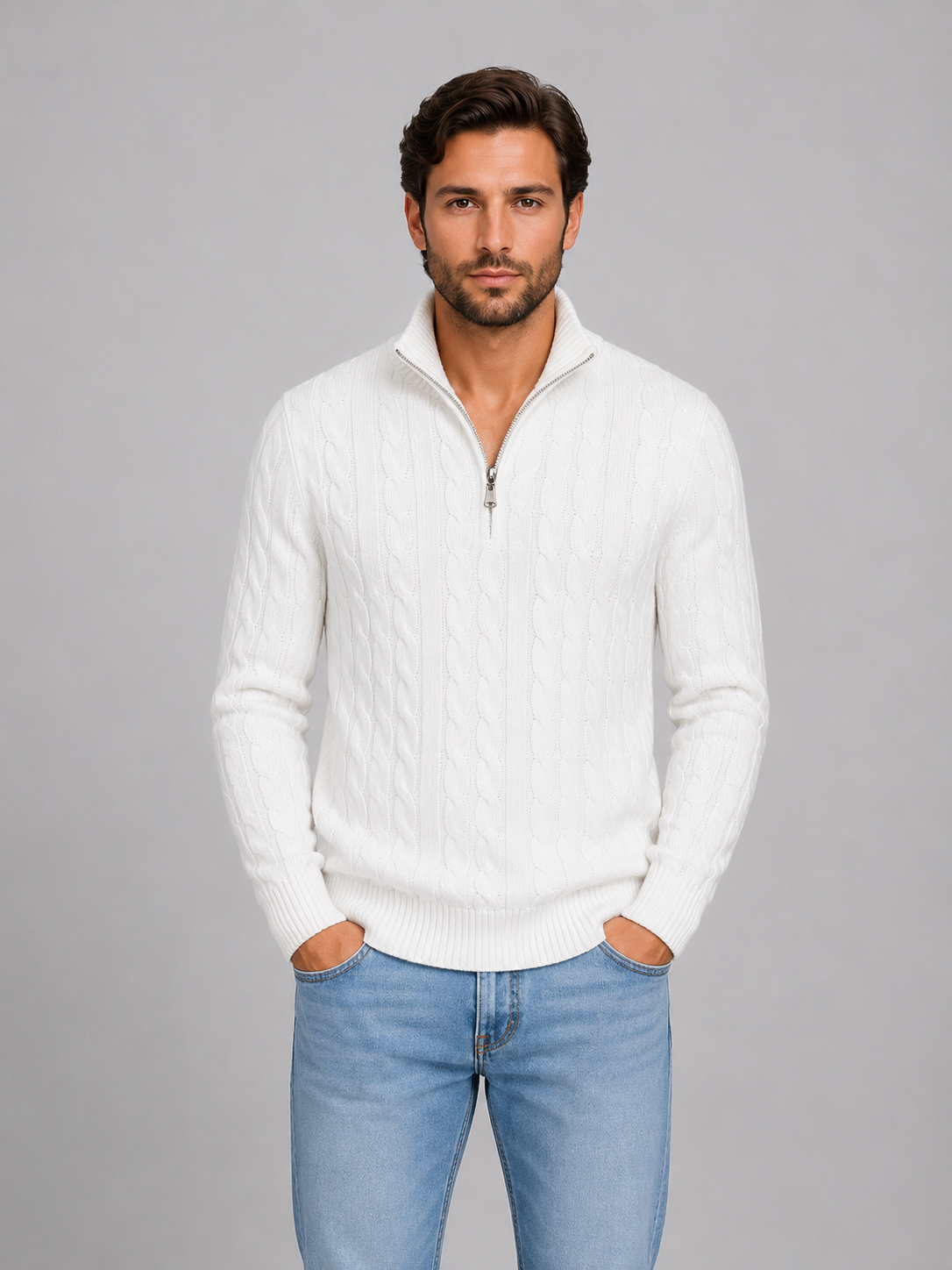 Men's Cable Knit Jumper with Quarter-Zip Collar
