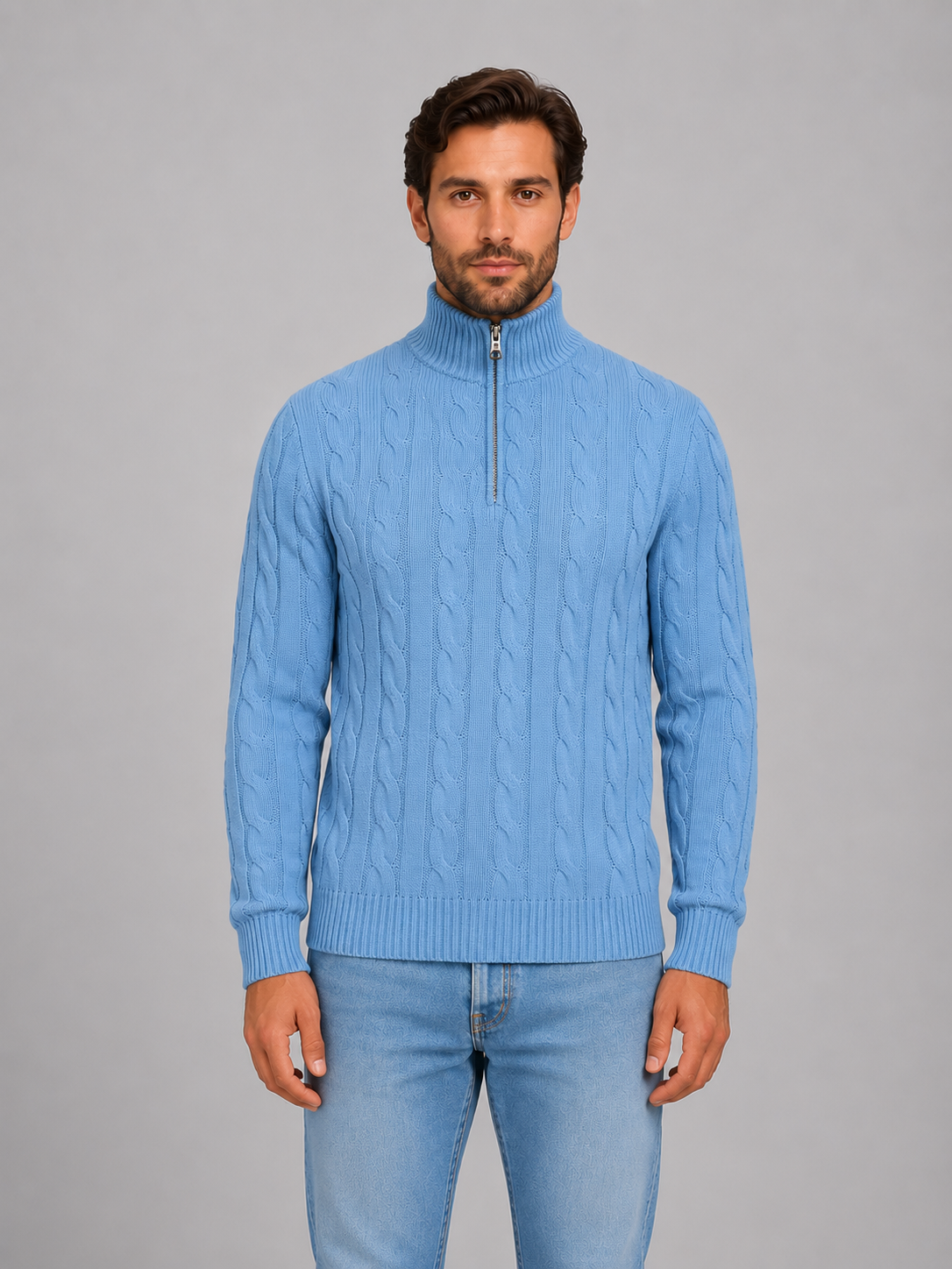 Men's Cable Knit Jumper with Quarter-Zip Collar