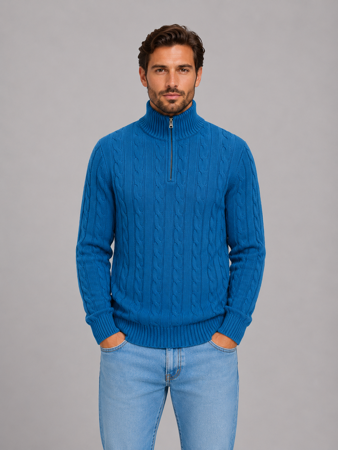 Men's Cable Knit Jumper with Quarter-Zip Collar