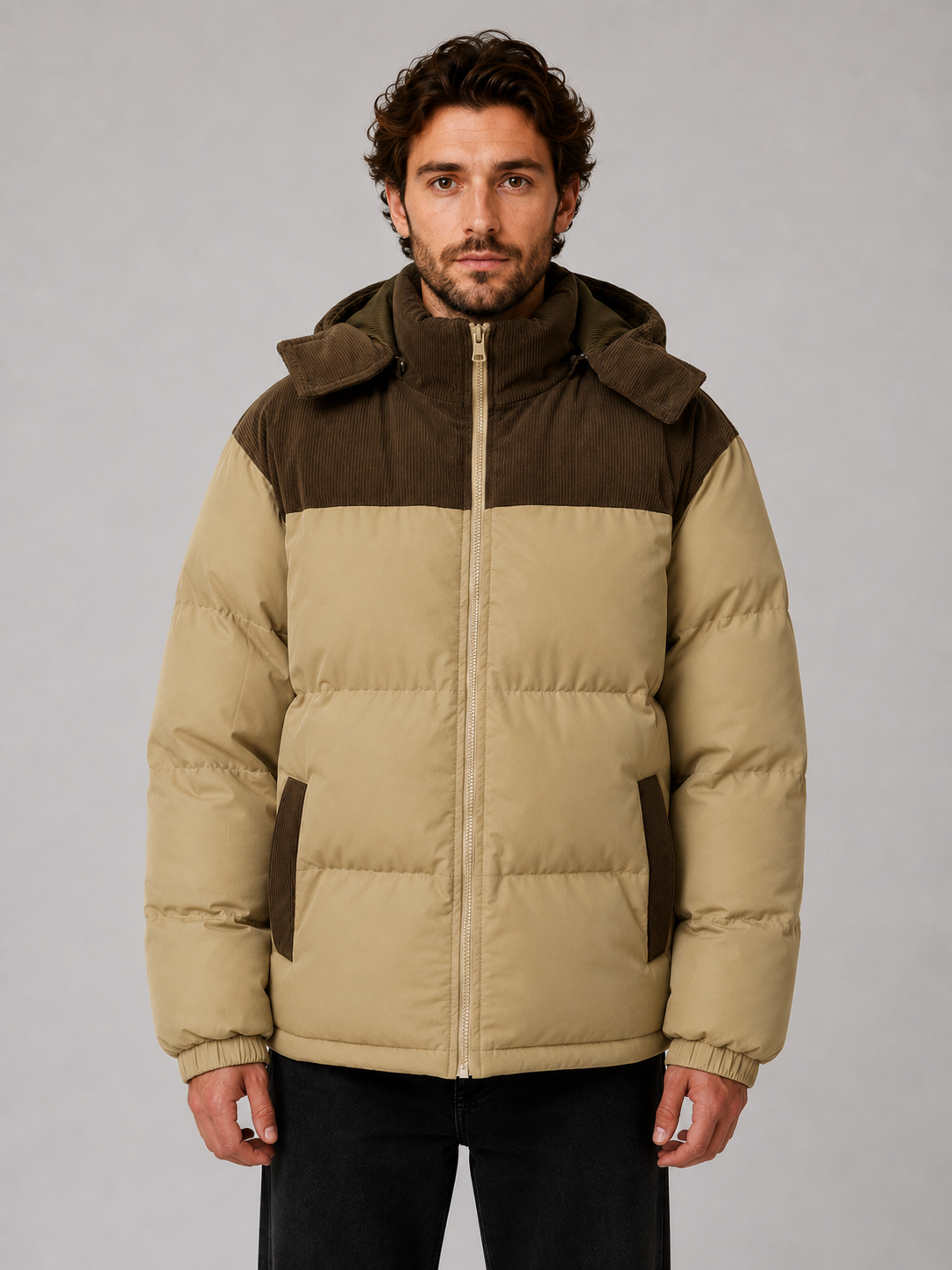 Men's Corduroy Puffer Jacket with Adjustable Hood
