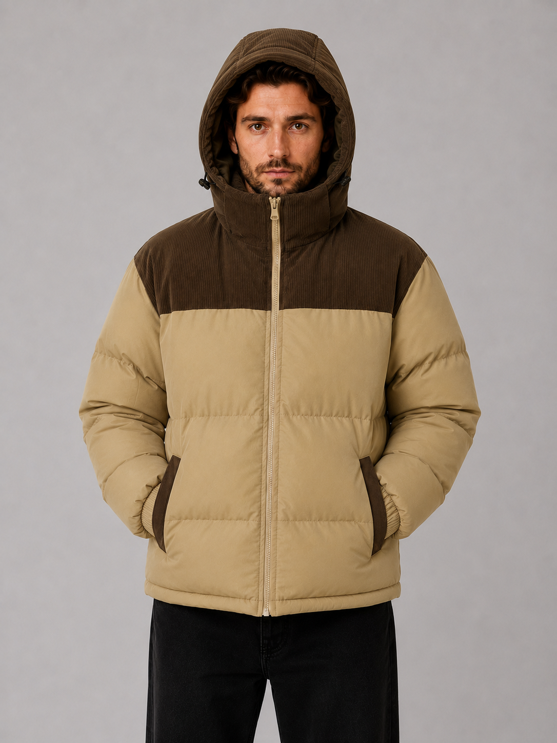 Men's Corduroy Puffer Jacket with Adjustable Hood