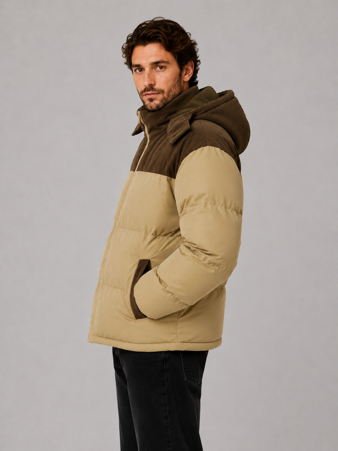 Men's Corduroy Puffer Jacket with Adjustable Hood