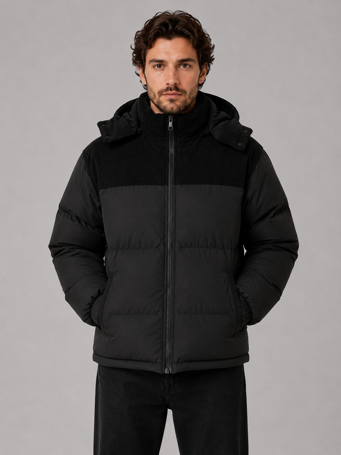 Men's Corduroy Puffer Jacket with Adjustable Hood