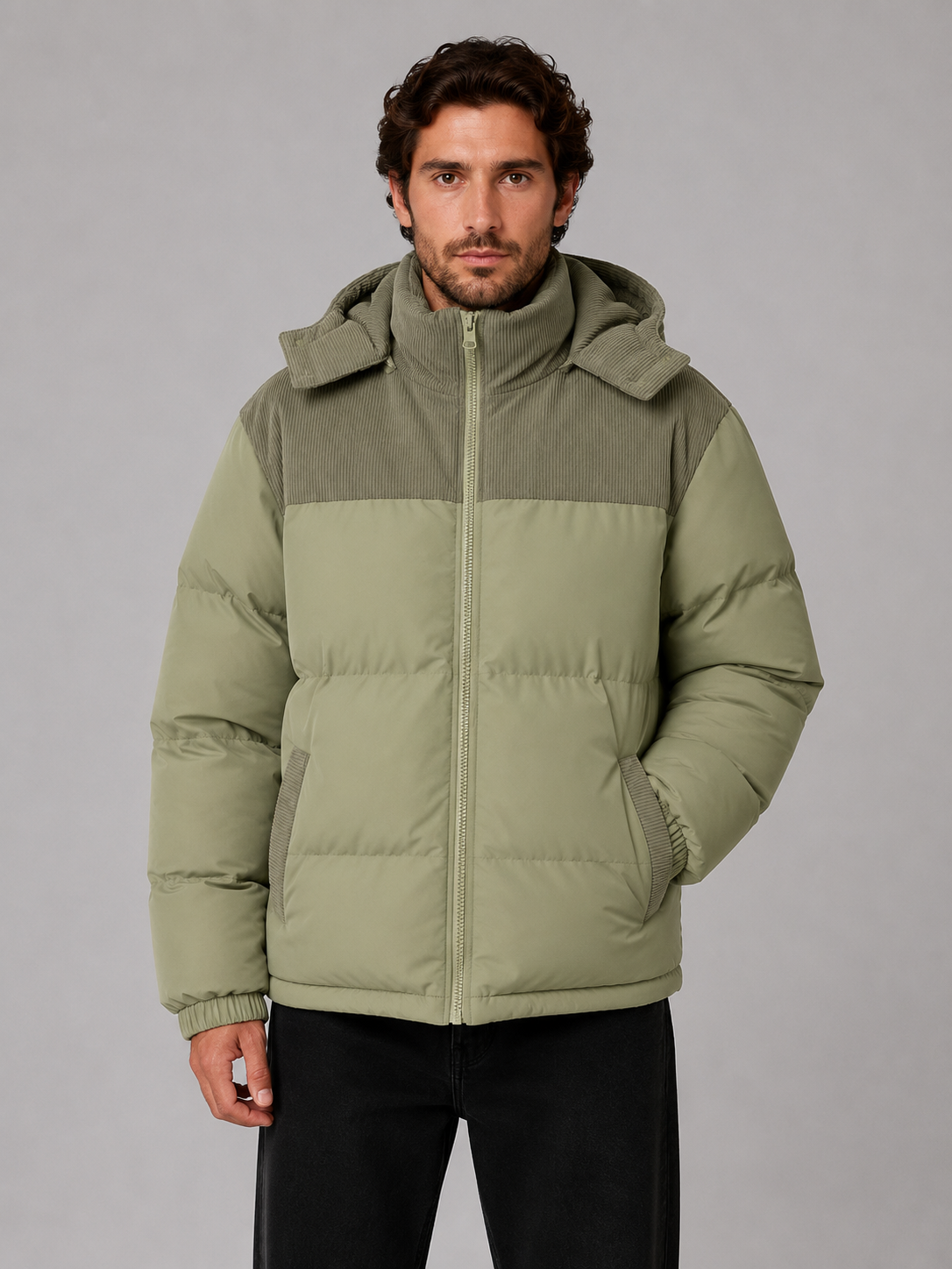 Men's Corduroy Puffer Jacket with Adjustable Hood