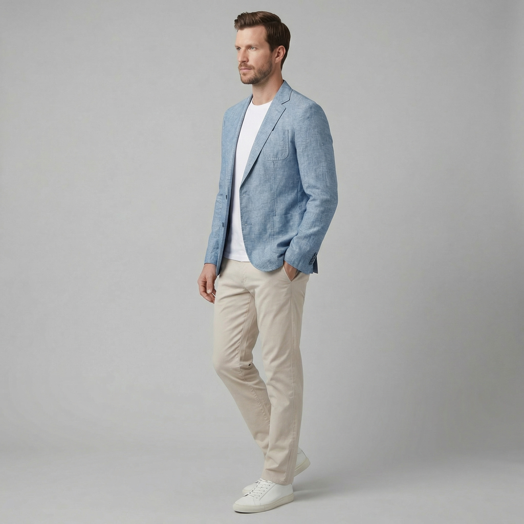 Men's Chambray Blue Linen Blazer Jacket