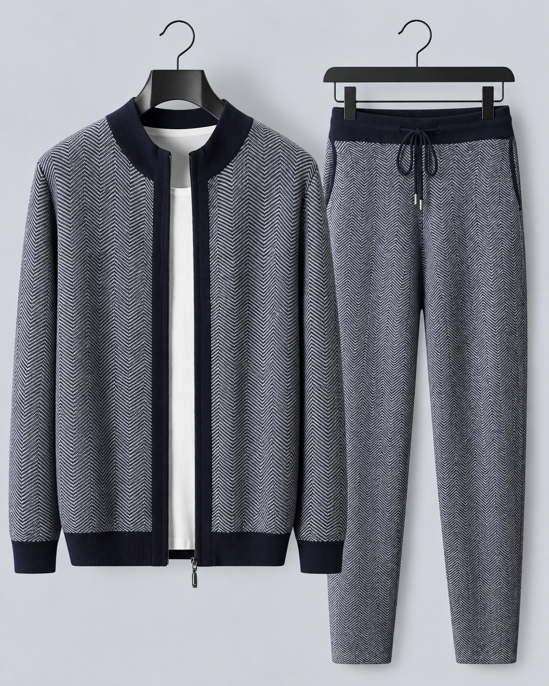 Men's 100% Merino Wool Knitted Tracksuit with Herringbone Pattern and Zip-Up Jacket
