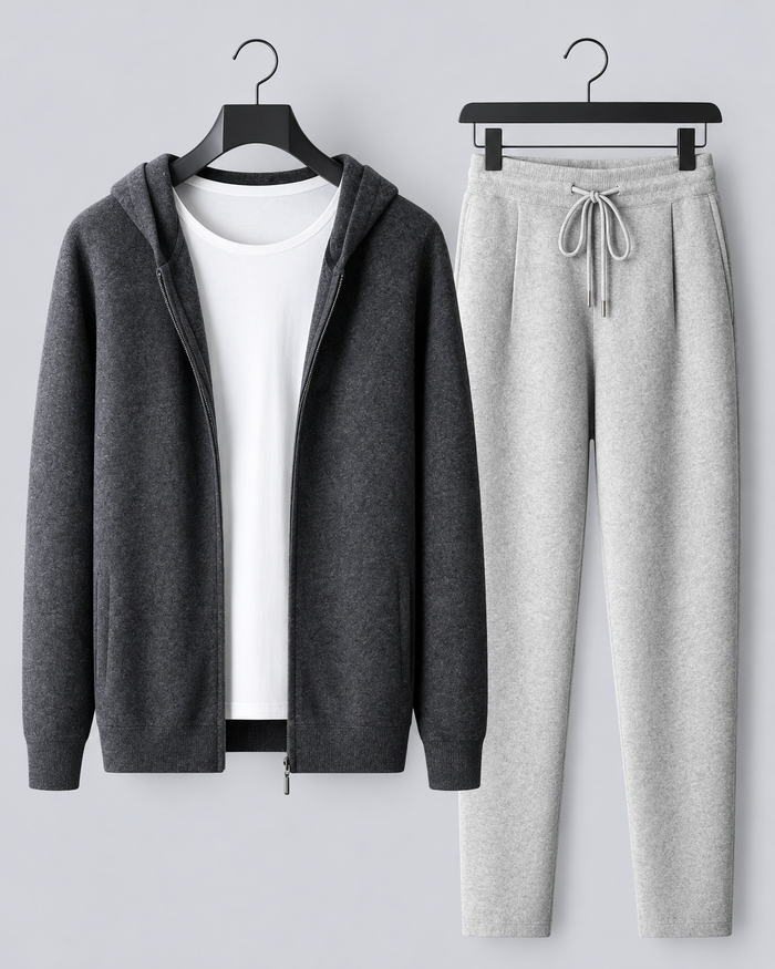 Men's 100% Cashmere Tracksuit with Zip-Up Hoodie and Drawstring Joggers
