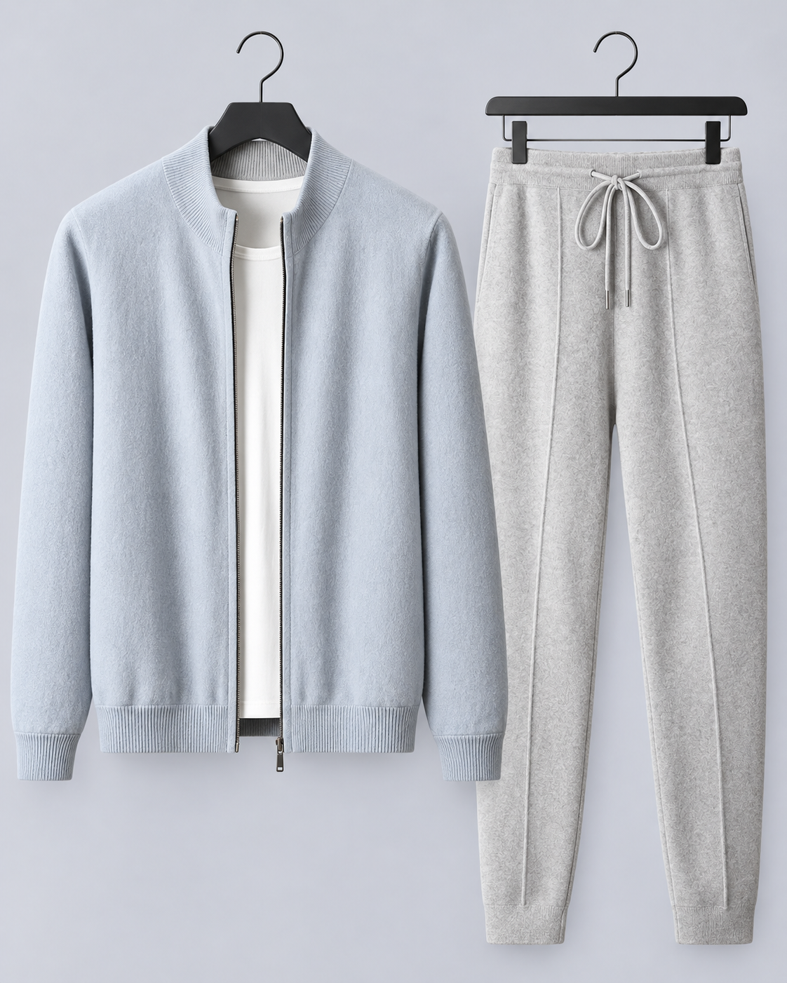 Men's 100% Merino Wool Knitted Tracksuit with Zip-Up Jacket and Drawstring Joggers
