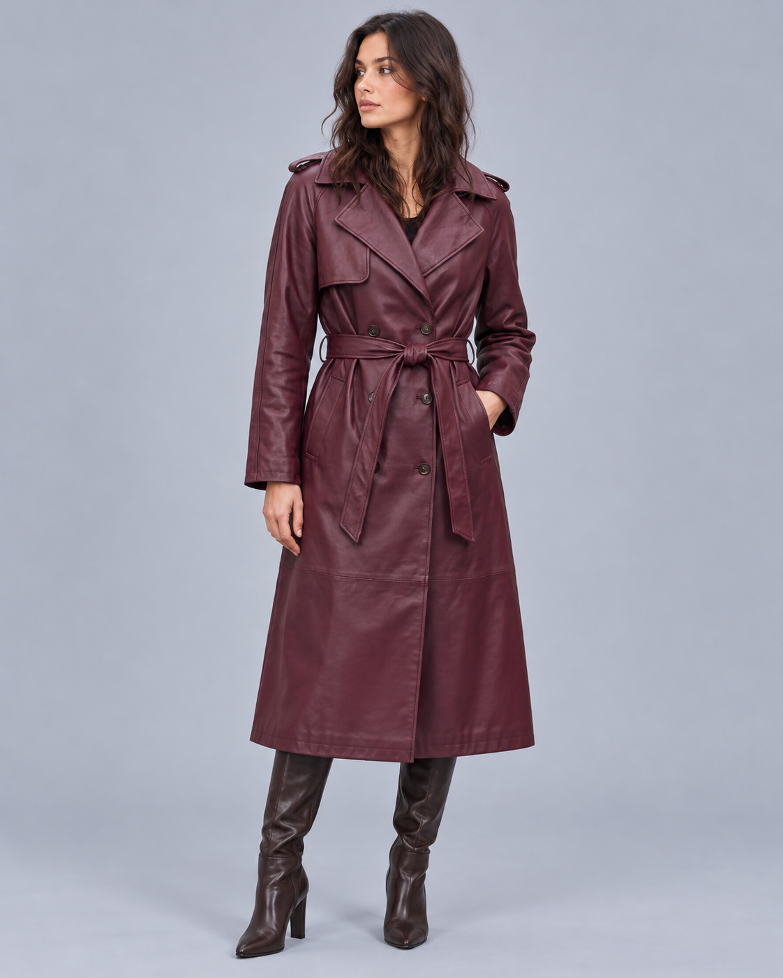 Women's Belted Faux Leather Midi Trench Coat | Long Overcoat
