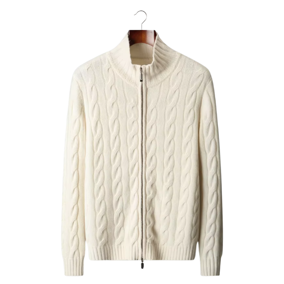 Two-Way Zip Wool Cable Cardigan