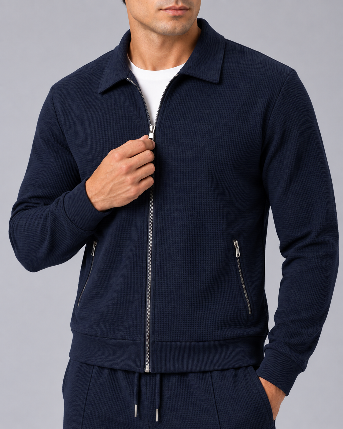 Men's Waffle Tracksuit Set - Zip Jacket & Pants