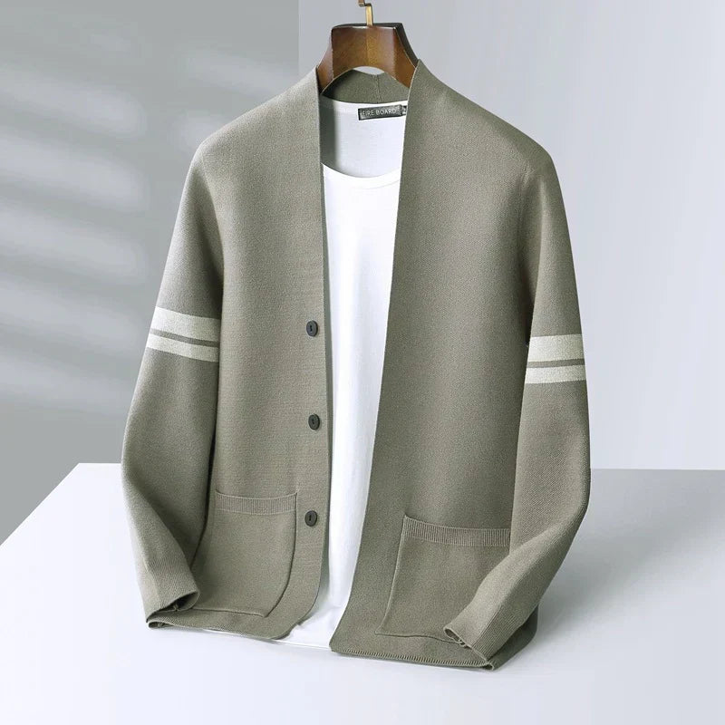 Merino Stripe-Sleeve Button Cardigan