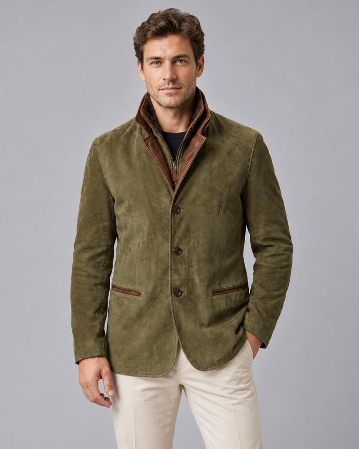 Men's Suede Jacket – Tailored Three-Button Blazer with Layered Stand Collar & Contrast Trim