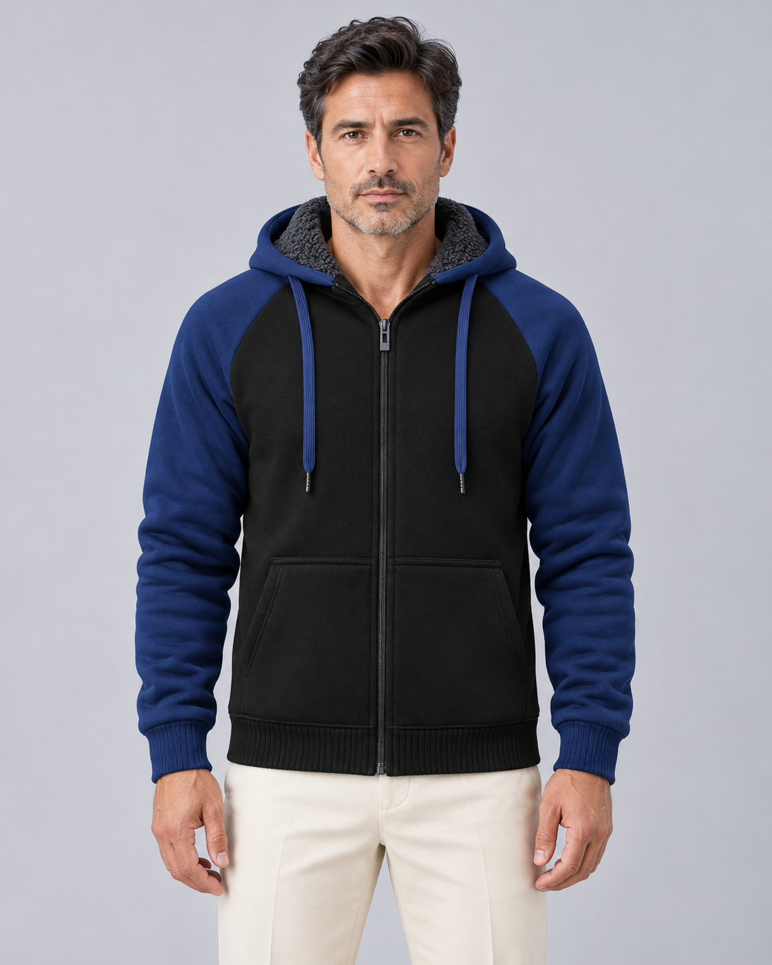 Men's Fleece-Lined Colour Block Hoodie | Full-Zip Winter Sweatshirt